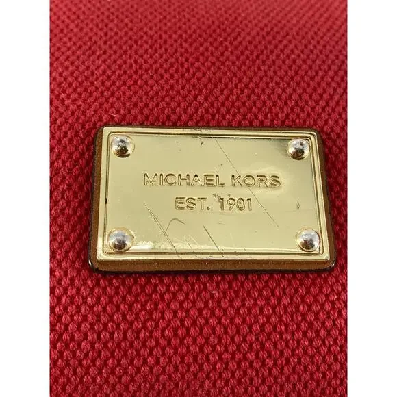 MICHAEL KORS, LARGE RED CANVAS, BROWN LEATHER SHOULDER BAG - Picture 8 of 16